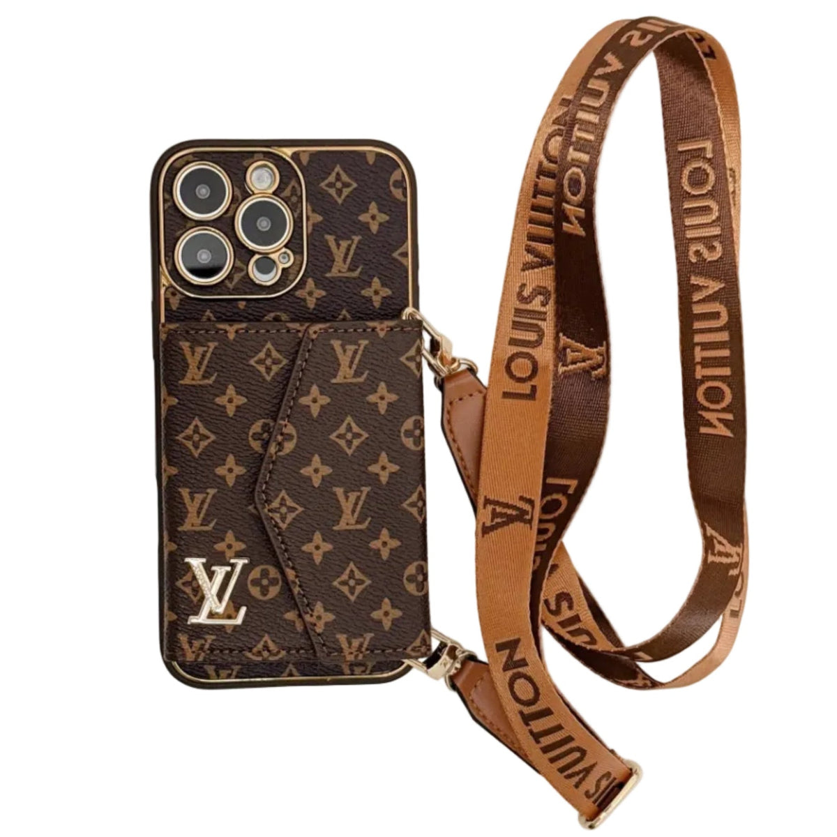Luxury Monogram Leather Phone Case with Card Holder for iPhone 12-18 Pro & Pro Max