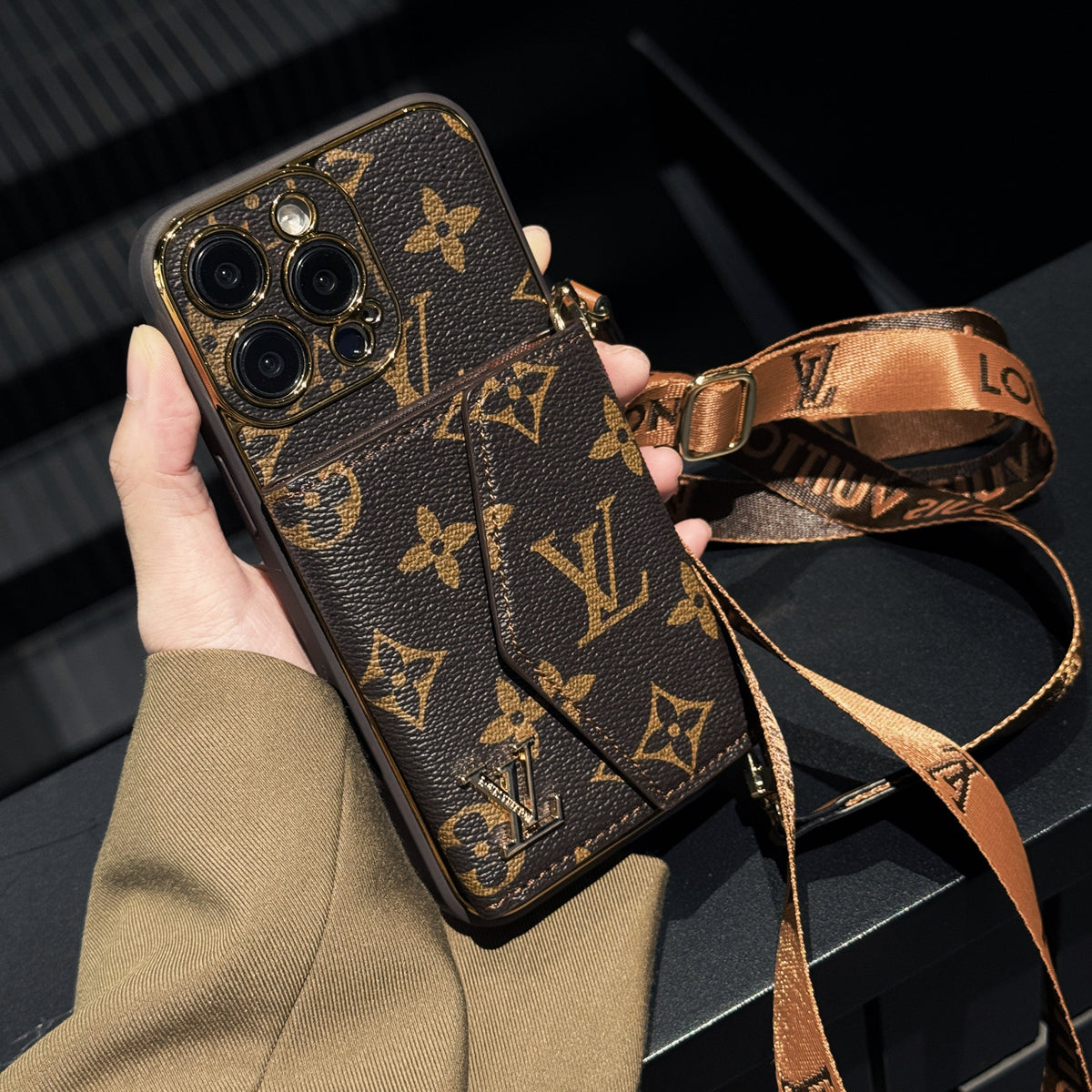 Luxury Monogram Leather Phone Case with Card Holder for iPhone 12-18 Pro & Pro Max