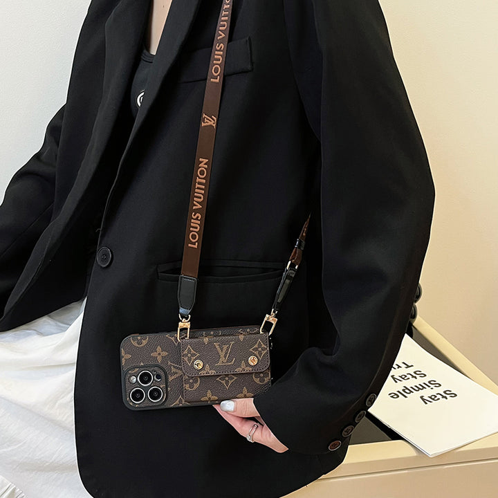 Lou Card Bag Chain Brown Phone Case with Strap for iPhone 12-18 Pro & Pro Max