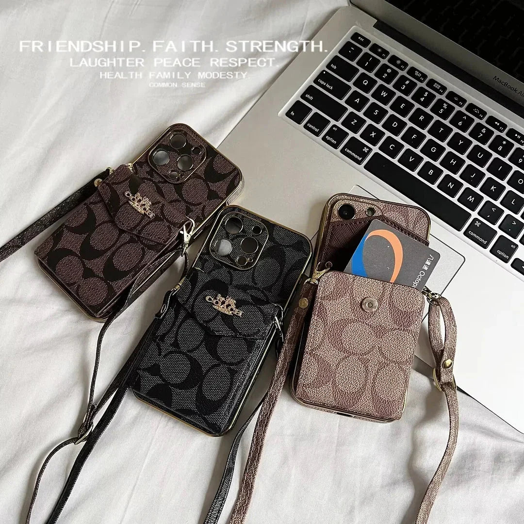 Luxury Logo Accordion Card Holder Leather Crossbody Apple iPhone Case