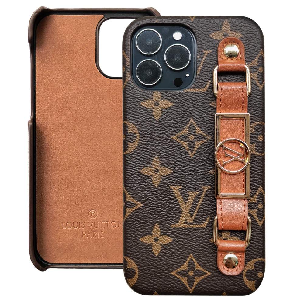 Luxury Monogram Leather Case with Wrist Strap Band for iPhone 12-18 Pro & Pro Max