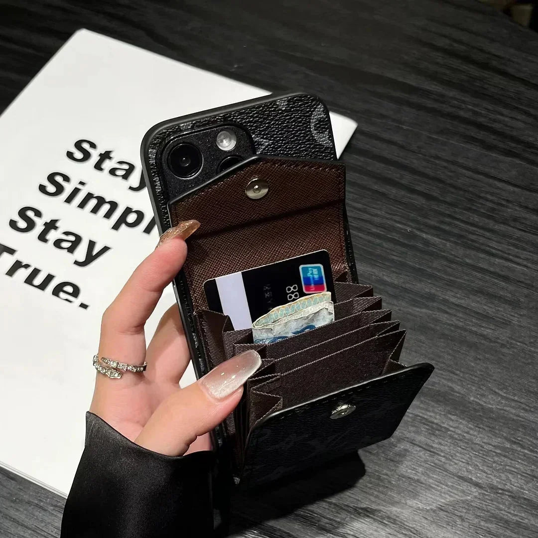 Luxury LV Leather Phone Case with Card Holder for iPhone 12-18 Pro & Pro Max
