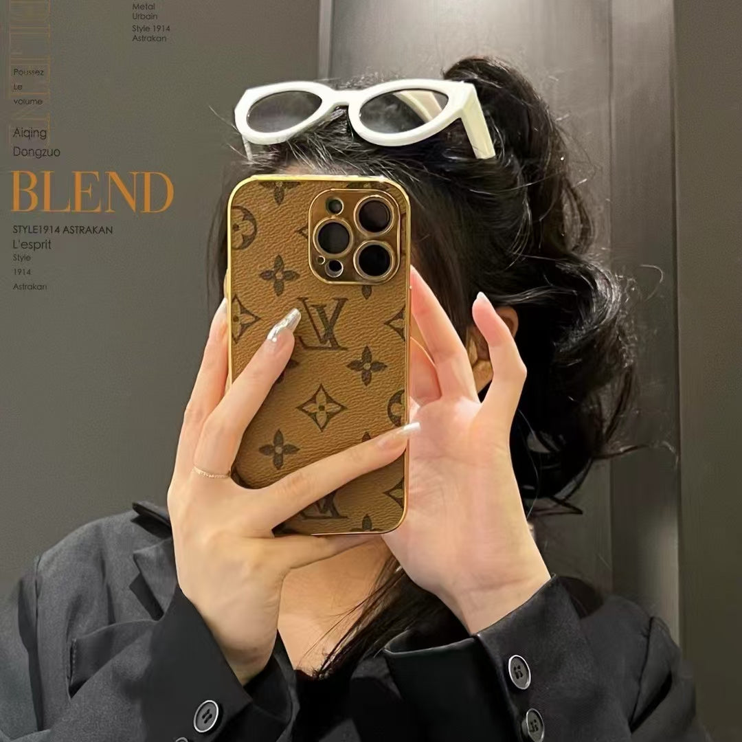 LV Style Soft Monogram Case with Gold Border for iPhone 12-18 Pro & Pro Max
