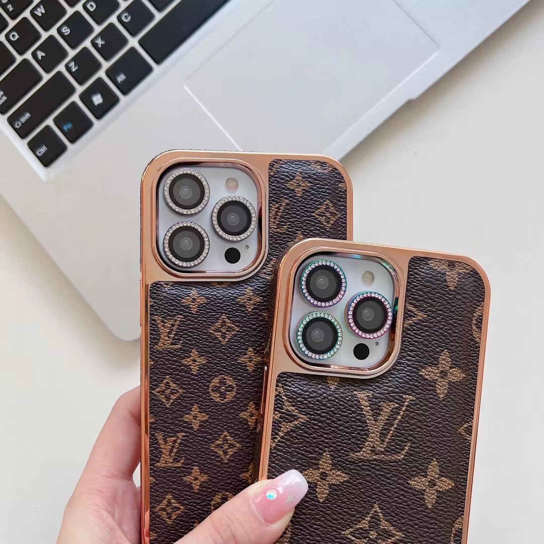 LV Classic Monogram Leather Case with Gold Border for iPhone 13-18 Pro & Pro Max
