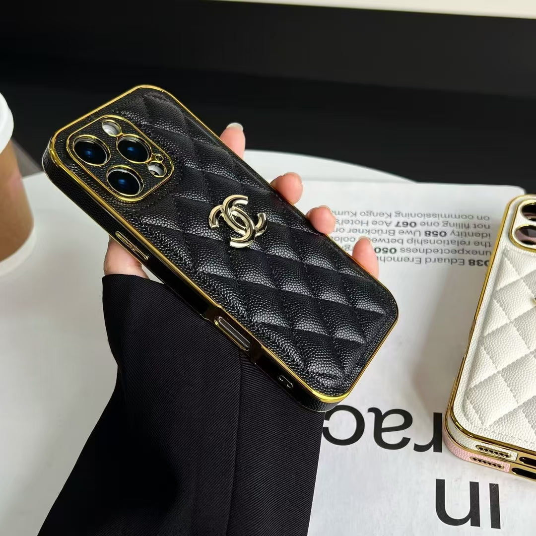 Luxury Chanel Cream Case with Gold Edge Frame for iPhone 12-18 Pro & Pro Max