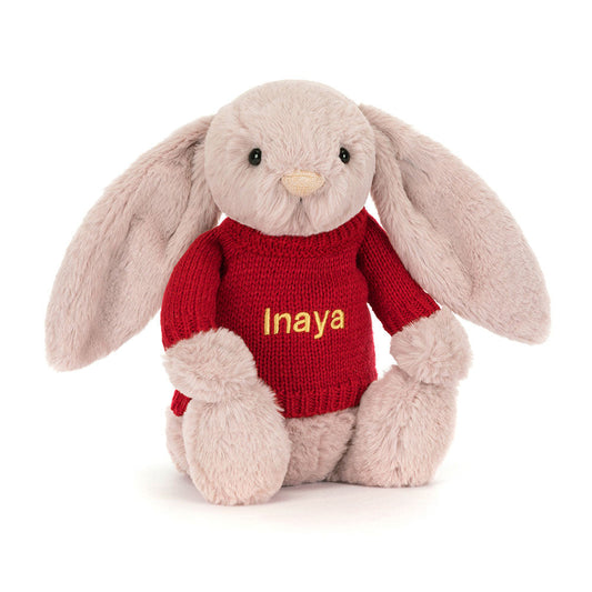 Bashful Luxe Bunny Rosa with Personalised Red Jumper
