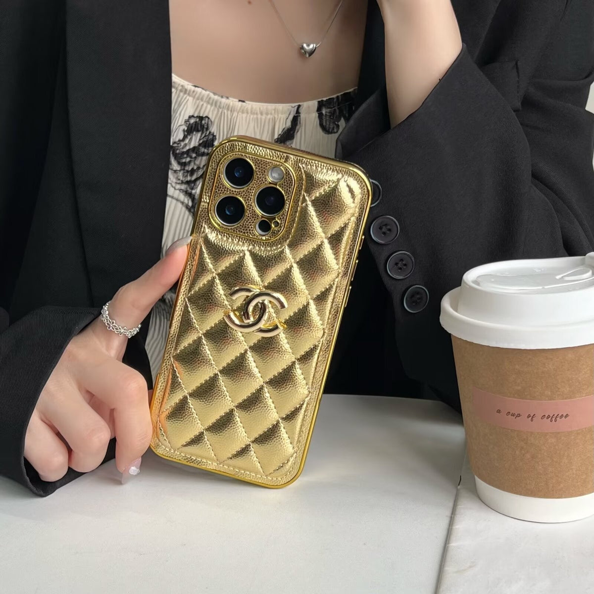 Luxury Chanel Cream Case with Gold Edge Frame for iPhone 12-18 Pro & Pro Max