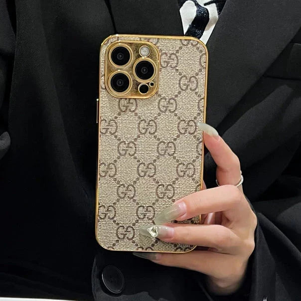 LV Style Soft Monogram Case with Gold Border for iPhone 12-18 Pro & Pro Max